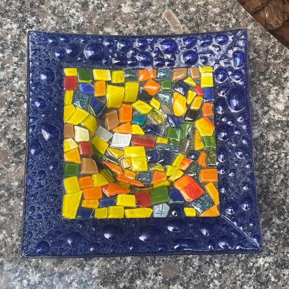 Square Fused Bubble Glass Cobalt Blue Multicolored Dish Tray 8” Art Glass Plate - Picture 3 of 7